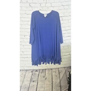 VUNTAGE Y2K BOHOLady Curvaceous Blue Fringe Hem Tunic Top 2XL 3/4 Sleeve